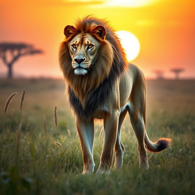 A striking and surreal creature standing in a lush savannah at sunset, combining the majestic features of a lion and the loyal characteristics of a dog