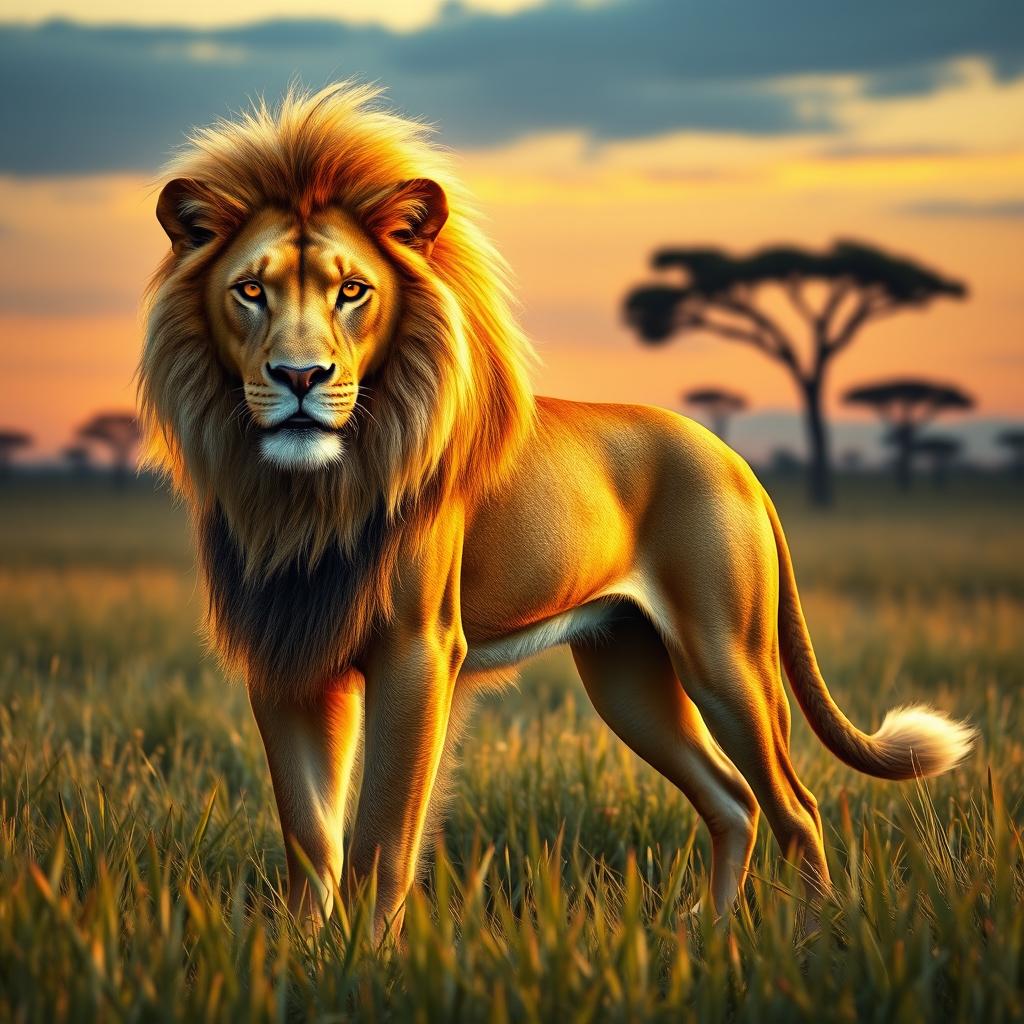 A striking and surreal creature standing in a lush savannah at sunset, combining the majestic features of a lion and the loyal characteristics of a dog