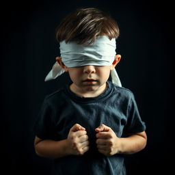 A young boy standing with a blindfold covering his eyes, his expression a mix of despair and anxiety