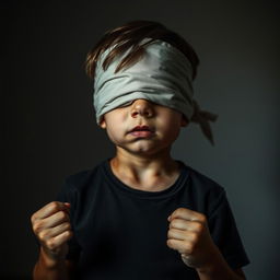 A young boy standing with a blindfold covering his eyes, his expression a mix of despair and anxiety