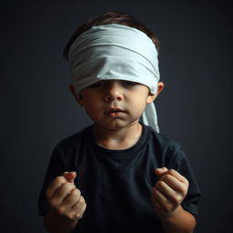 A young boy standing with a blindfold covering his eyes, his expression a mix of despair and anxiety