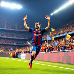 A dynamic scene featuring a Barcelona player from the 2024/2025 season celebrating a goal passionately on the pitch