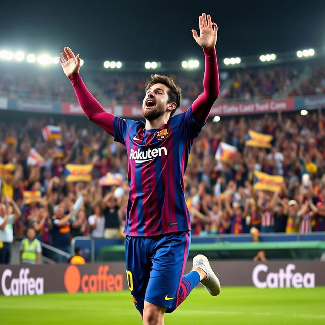 A dynamic scene featuring a Barcelona player from the 2024/2025 season celebrating a goal passionately on the pitch