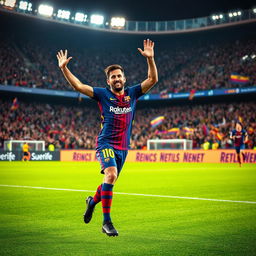 A dynamic scene featuring a Barcelona player from the 2024/2025 season celebrating a goal passionately on the pitch