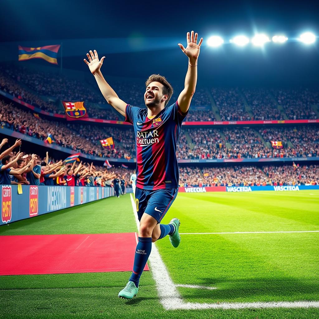 A dynamic scene featuring a Barcelona player from the 2024/2025 season celebrating a goal passionately on the pitch
