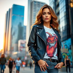 A stylish urban woman confidently posing in a fashionable outfit, featuring a sleek black leather jacket and a trendy graphic t-shirt