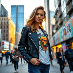 A stylish urban woman confidently posing in a fashionable outfit, featuring a sleek black leather jacket and a trendy graphic t-shirt