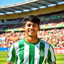 A young male football player, Lamine Yamal, wearing the green and white striped jersey of Real Betis