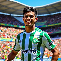 A young male football player, Lamine Yamal, wearing the green and white striped jersey of Real Betis