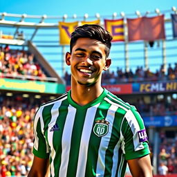 A young male football player, Lamine Yamal, wearing the green and white striped jersey of Real Betis