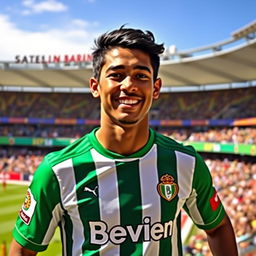 A young male football player, Lamine Yamal, wearing the green and white striped jersey of Real Betis