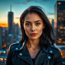 A stunning portrait of a person with dark hair and deep brown eyes, wearing a stylish black leather jacket