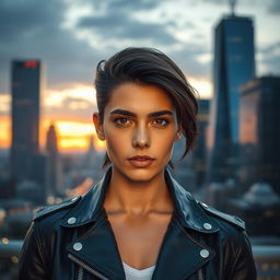 A stunning portrait of a person with dark hair and deep brown eyes, wearing a stylish black leather jacket