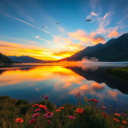 A stunning landscape at sunrise, featuring a serene lake reflecting the vibrant colors of the sky, surrounded by lush greenery and majestic mountains in the background