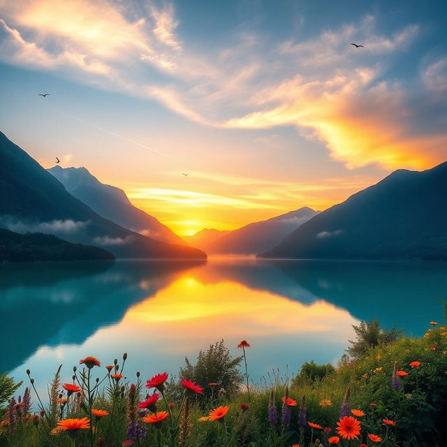 A stunning landscape at sunrise, featuring a serene lake reflecting the vibrant colors of the sky, surrounded by lush greenery and majestic mountains in the background