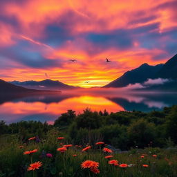 A stunning landscape at sunrise, featuring a serene lake reflecting the vibrant colors of the sky, surrounded by lush greenery and majestic mountains in the background