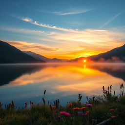 A stunning landscape at sunrise, featuring a serene lake reflecting the vibrant colors of the sky, surrounded by lush greenery and majestic mountains in the background
