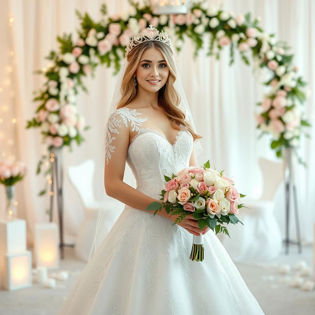 A beautiful bride in an elegant wedding gown, adorned with intricate lace detailing and delicate embroidery