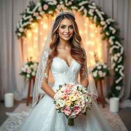A beautiful bride in an elegant wedding gown, adorned with intricate lace detailing and delicate embroidery