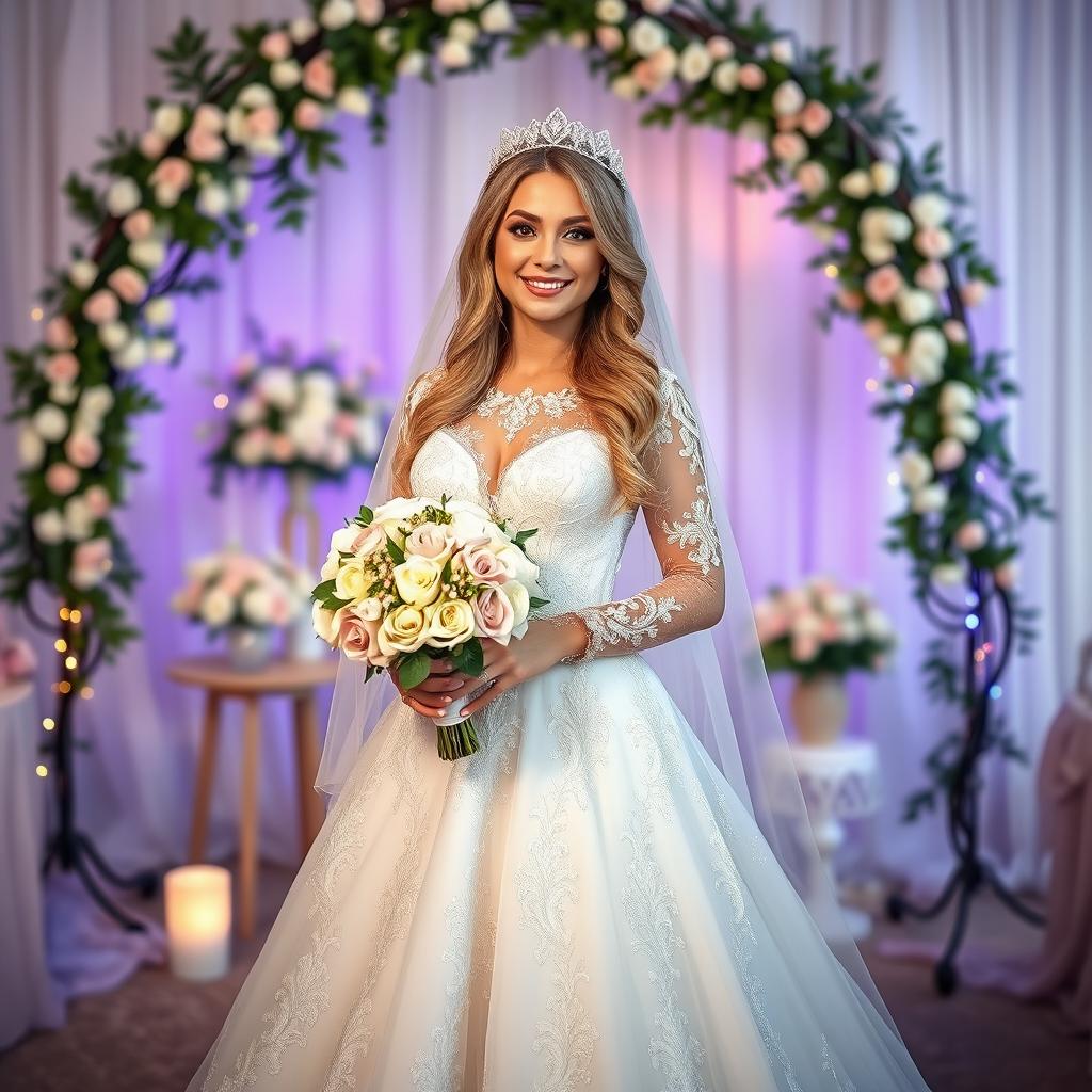 A beautiful bride in an elegant wedding gown, adorned with intricate lace detailing and delicate embroidery