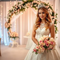 A beautiful bride in an elegant wedding gown, adorned with intricate lace detailing and delicate embroidery