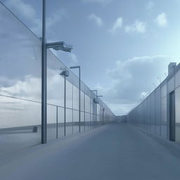 paved road beside gauze perimeter fence  with cameras of futuristic maximum-security penitentiary  in broad daylight based on https://files.dreamhome.software/files/static/37174