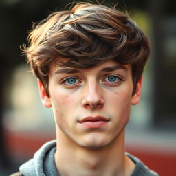 A handsome young man aged between 15 and 20, featuring brown hair and dark blue eyes