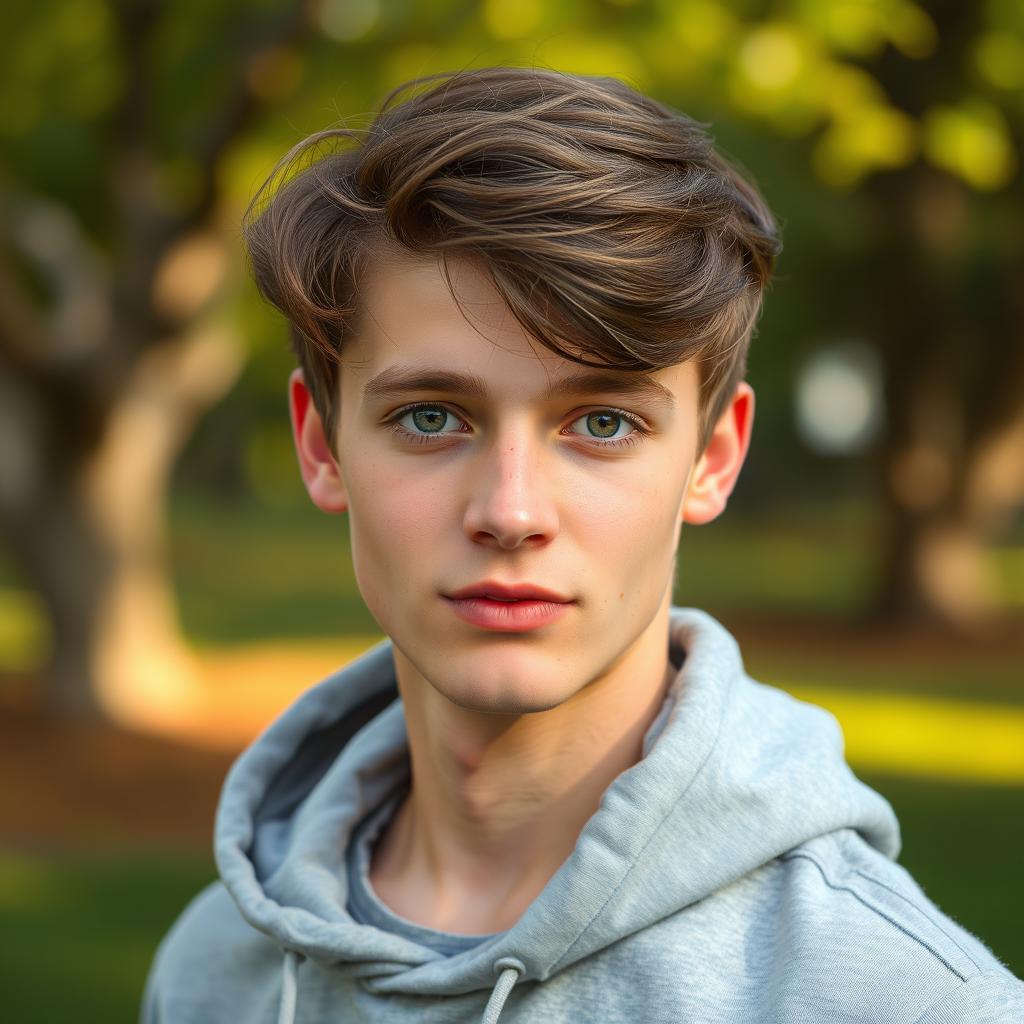 A handsome young man aged between 15 and 20, featuring brown hair and dark blue eyes