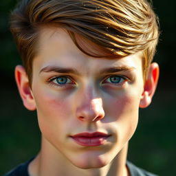 A handsome young man aged between 15 and 20, featuring brown hair and dark blue eyes