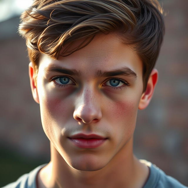 A handsome young man aged between 15 and 20, featuring brown hair and dark blue eyes