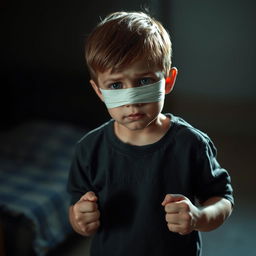 A young boy standing with a bandage over his eyes, embodying feelings of despair and anxiety