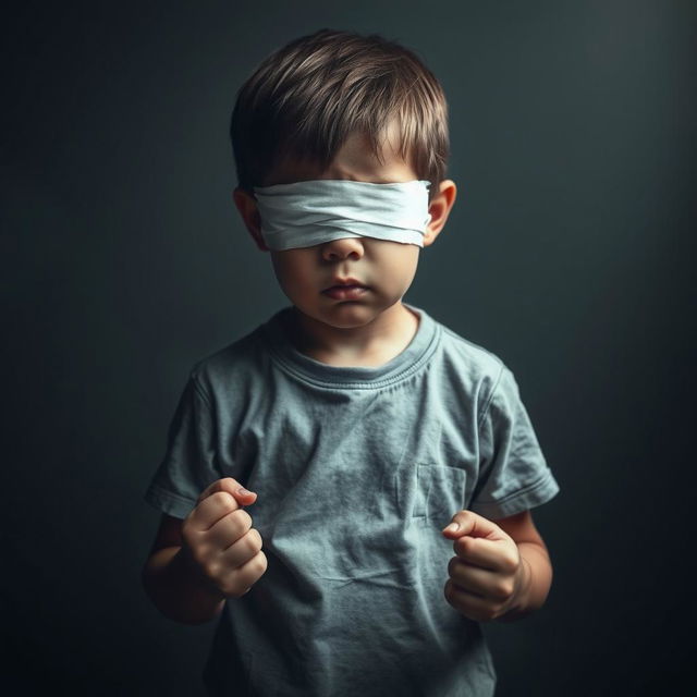 A young boy standing with a bandage over his eyes, embodying feelings of despair and anxiety