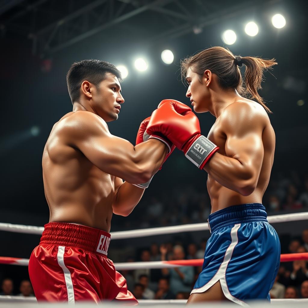 A dynamic and intense scene of two boxers in a ring, showcasing a heated match