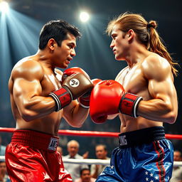 A dynamic and intense scene of two boxers in a ring, showcasing a heated match