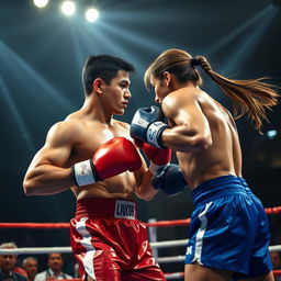 A dynamic and intense scene of two boxers in a ring, showcasing a heated match