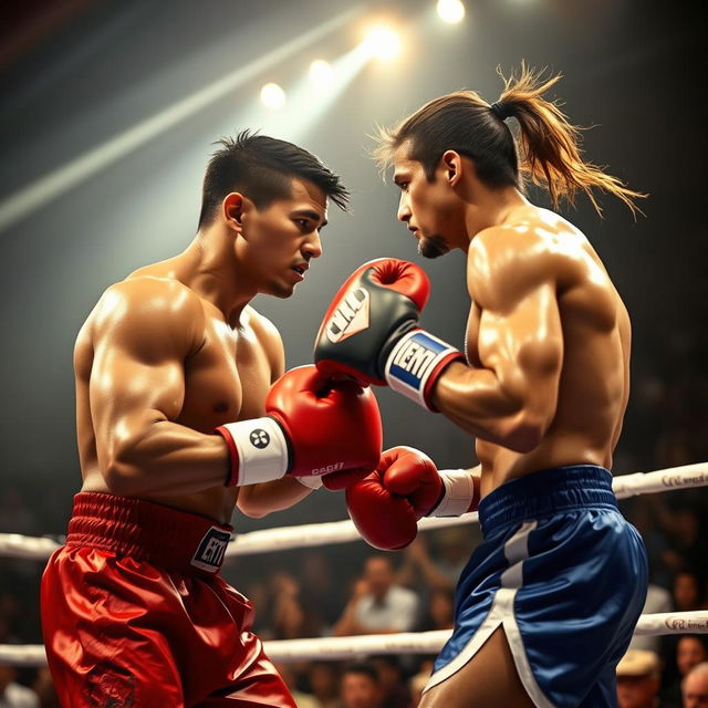 A dynamic and intense scene of two boxers in a ring, showcasing a heated match