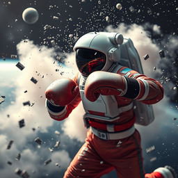 An astronaut boxer in space, engaging in a boxing match while floating in a zero-gravity environment