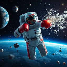 An astronaut boxer in space, engaging in a boxing match while floating in a zero-gravity environment
