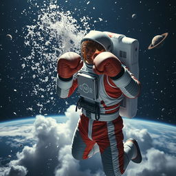 An astronaut boxer in space, engaging in a boxing match while floating in a zero-gravity environment