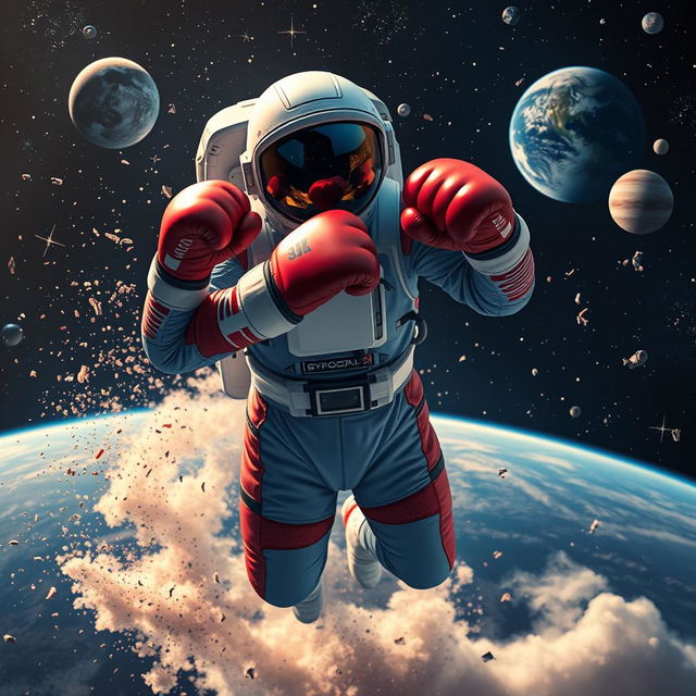 An astronaut boxer in space, engaging in a boxing match while floating in a zero-gravity environment