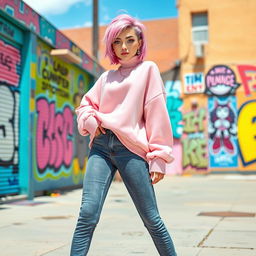 A stylish femboy with an edgy fashion sense, wearing a pastel oversized sweater and high-waisted skinny jeans, set in an urban backdrop