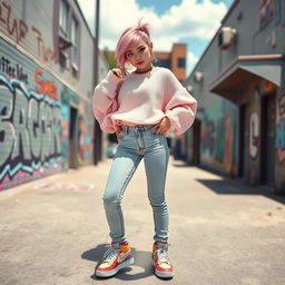 A stylish femboy with an edgy fashion sense, wearing a pastel oversized sweater and high-waisted skinny jeans, set in an urban backdrop