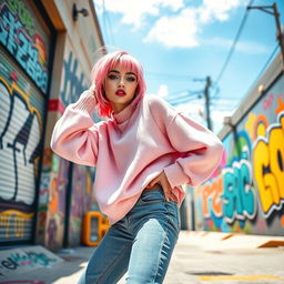 A stylish femboy with an edgy fashion sense, wearing a pastel oversized sweater and high-waisted skinny jeans, set in an urban backdrop