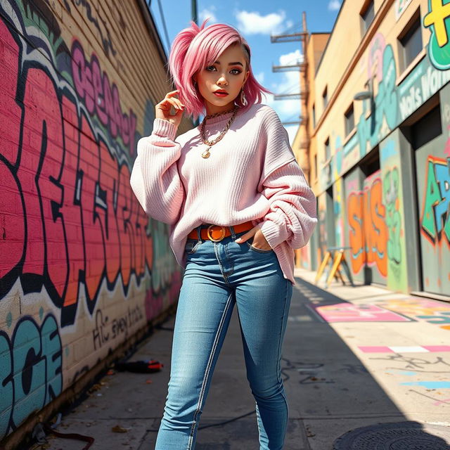 A stylish femboy with an edgy fashion sense, wearing a pastel oversized sweater and high-waisted skinny jeans, set in an urban backdrop