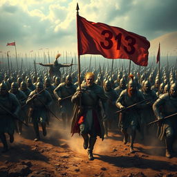 An epic scene depicting a vast army of ten thousand soldiers, all equipped with various weapons and standing in formation, ready to charge forward
