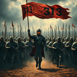 An epic scene depicting a vast army of ten thousand soldiers, all equipped with various weapons and standing in formation, ready to charge forward