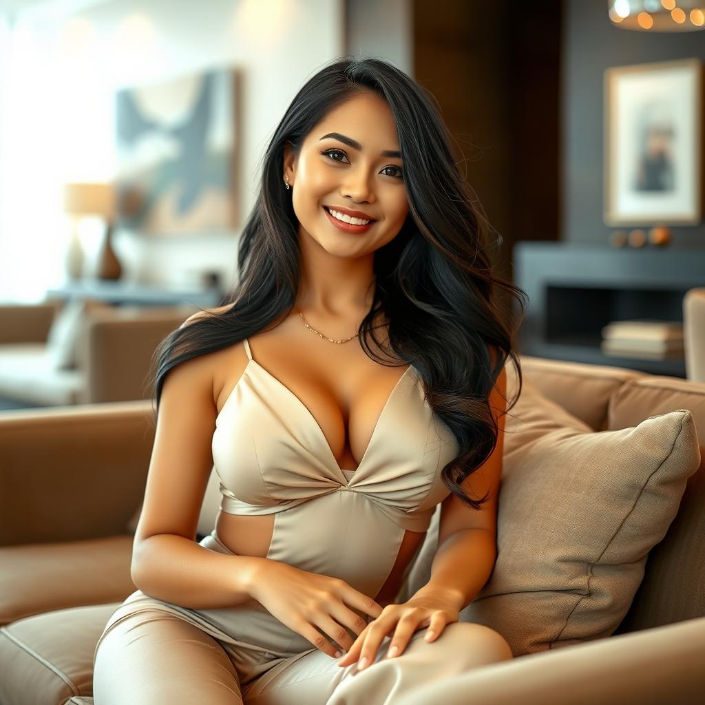 A sensual Asian woman with long, flowing black hair, wearing a stylish and elegant outfit that accentuates her curves, sitting on a plush couch in a chic modern living room