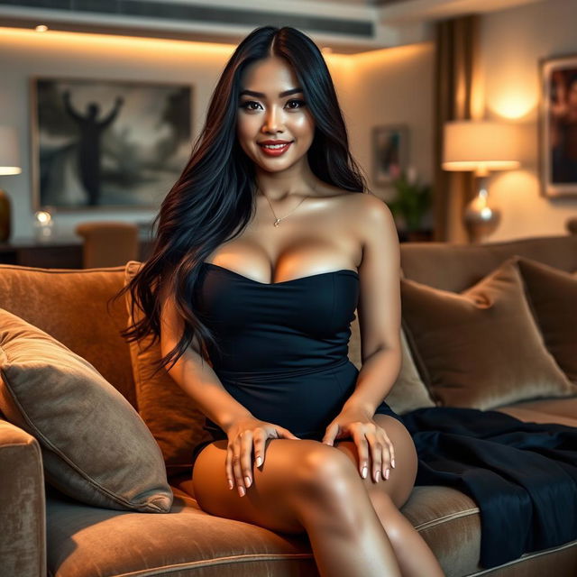 A sensual Asian woman with long, flowing black hair, wearing a stylish and elegant outfit that accentuates her curves, sitting on a plush couch in a chic modern living room