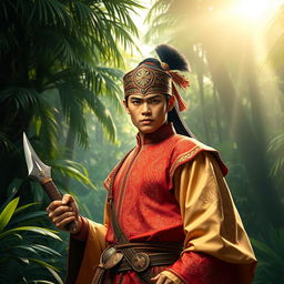 A majestic and powerful image of a fictional character inspired by historical Malay warrior Hang Tuah