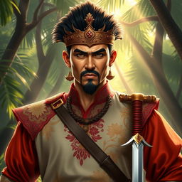 A majestic and powerful image of a fictional character inspired by historical Malay warrior Hang Tuah